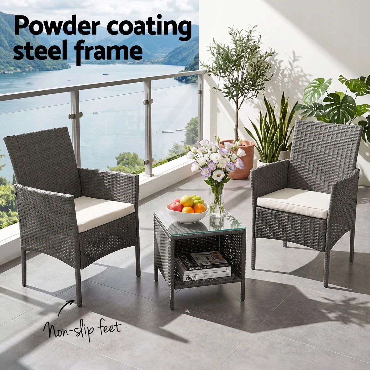 Gardeon 3PC Outdoor Bistro Set Patio Furniture Wicker Setting Chairs Table Cushion Grey - Image 4
