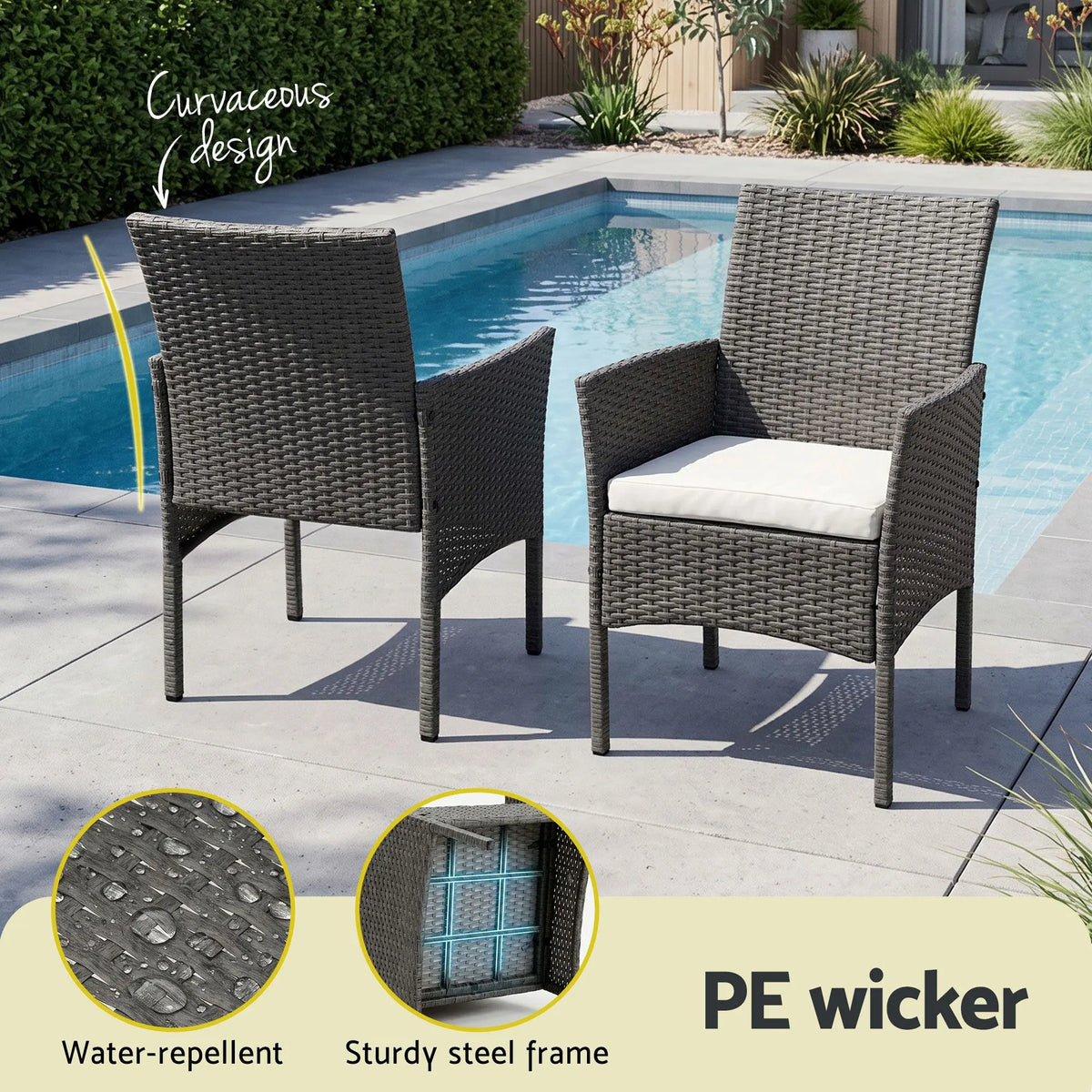 Gardeon 3PC Outdoor Bistro Set Patio Furniture Wicker Setting Chairs Table Cushion Grey - Image 5