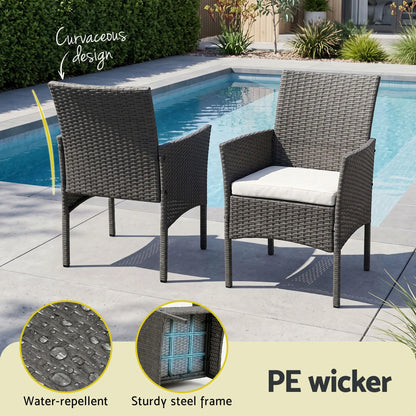 Gardeon 3PC Outdoor Bistro Set Patio Furniture Wicker Setting Chairs Table Cushion Grey - Image 5