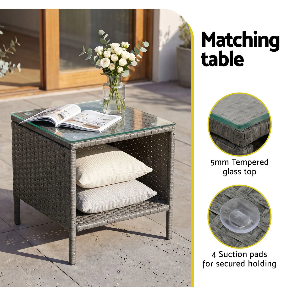 Gardeon 3PC Outdoor Bistro Set Patio Furniture Wicker Setting Chairs Table Cushion Grey - Image 7