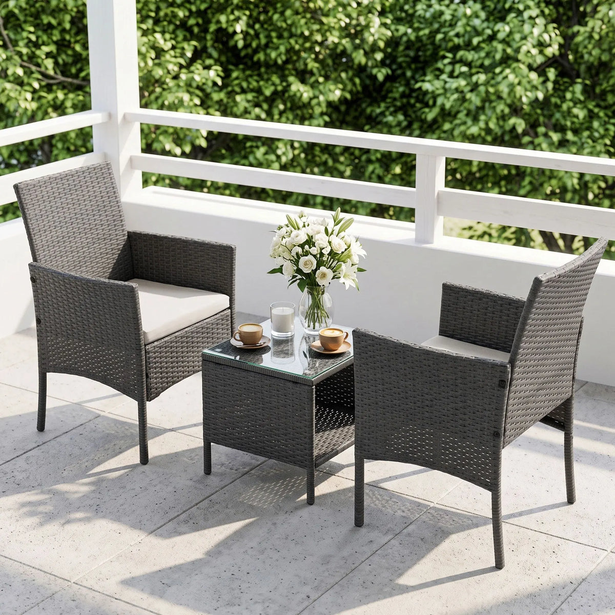 Gardeon 3PC Outdoor Bistro Set Patio Furniture Wicker Setting Chairs Table Cushion Grey - Image 8