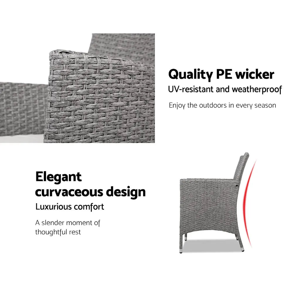 Gardeon 3PC Outdoor Bistro Set Patio Furniture Wicker Setting Chairs Table Cushion Grey - Image 4