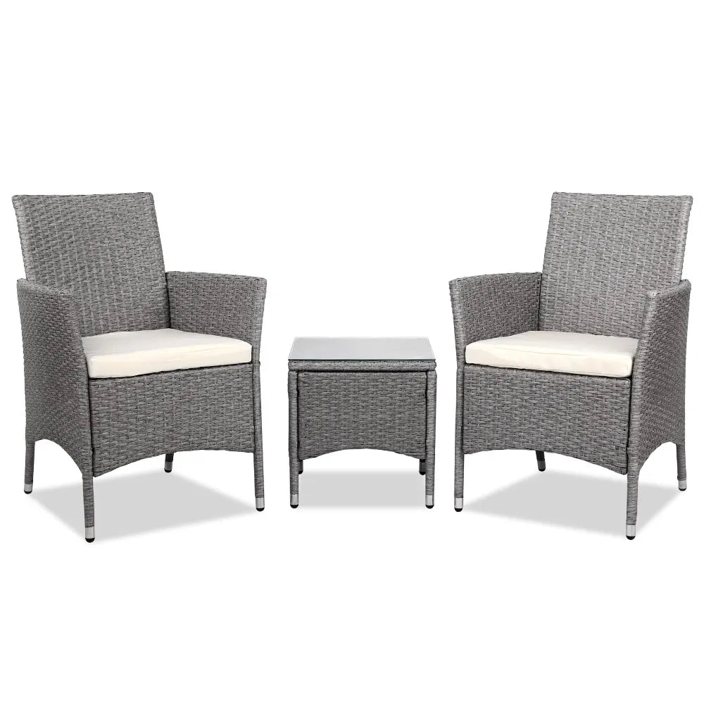 Gardeon 3PC Outdoor Bistro Set Patio Furniture Wicker Setting Chairs Table Cushion Grey - Image 8