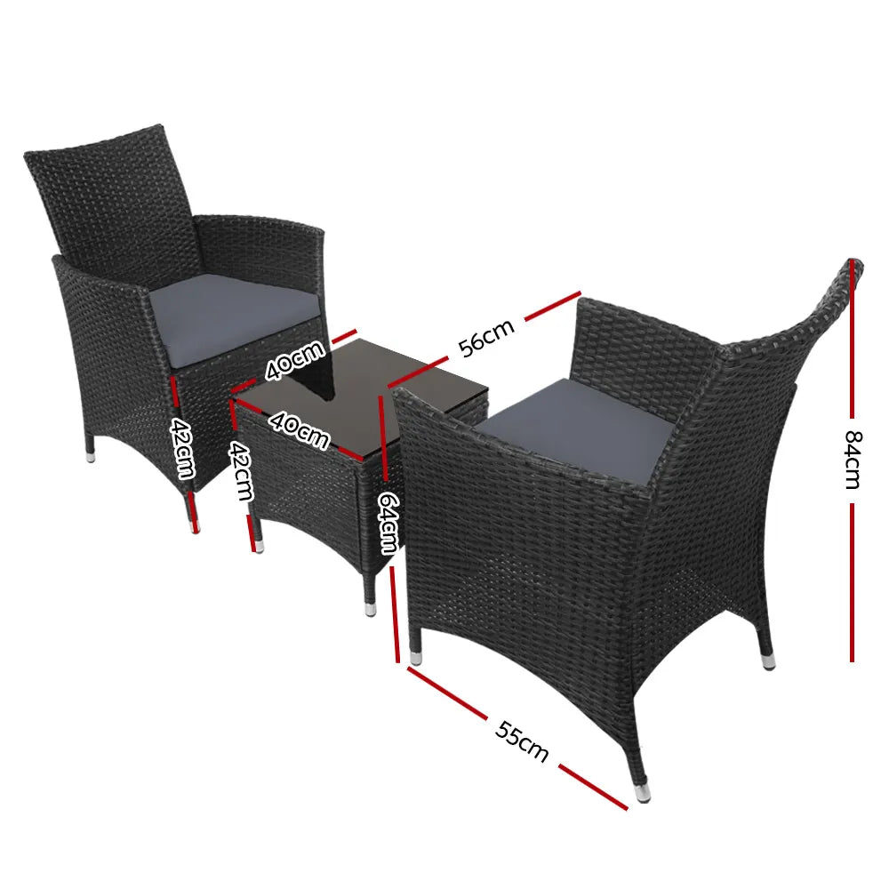 Gardeon 3PC Outdoor Bistro Set Patio Furniture Wicker Chairs Table Cushion All Black - Image 2