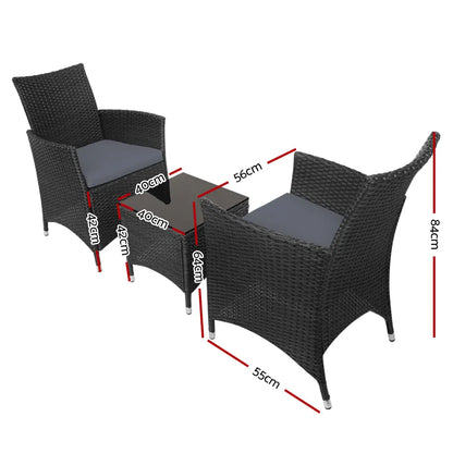 Gardeon 3PC Outdoor Bistro Set Patio Furniture Wicker Chairs Table Cushion All Black - Image 2