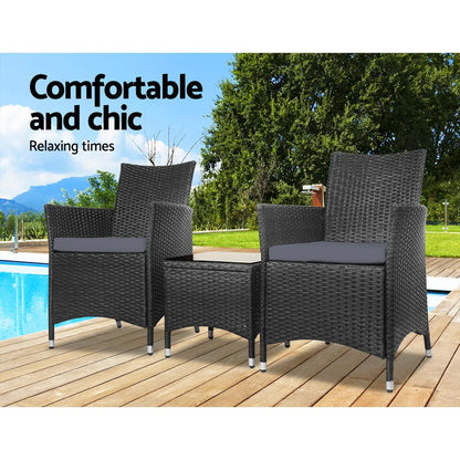 Gardeon 3PC Outdoor Bistro Set Patio Furniture Wicker Chairs Table Cushion All Black - Image 3