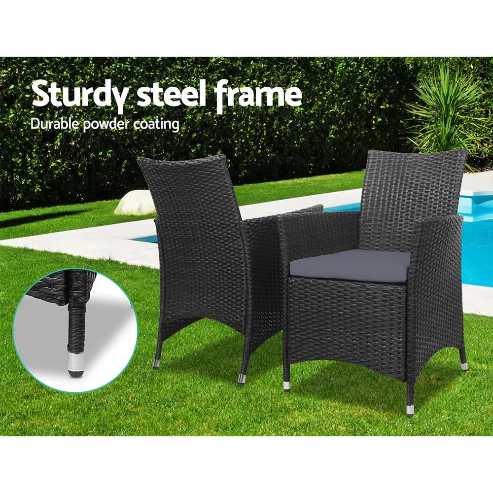 Gardeon 3PC Outdoor Bistro Set Patio Furniture Wicker Chairs Table Cushion All Black - Image 4