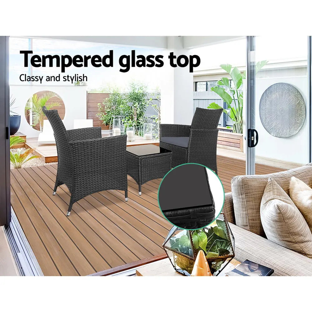 Gardeon 3PC Outdoor Bistro Set Patio Furniture Wicker Chairs Table Cushion All Black - Image 6