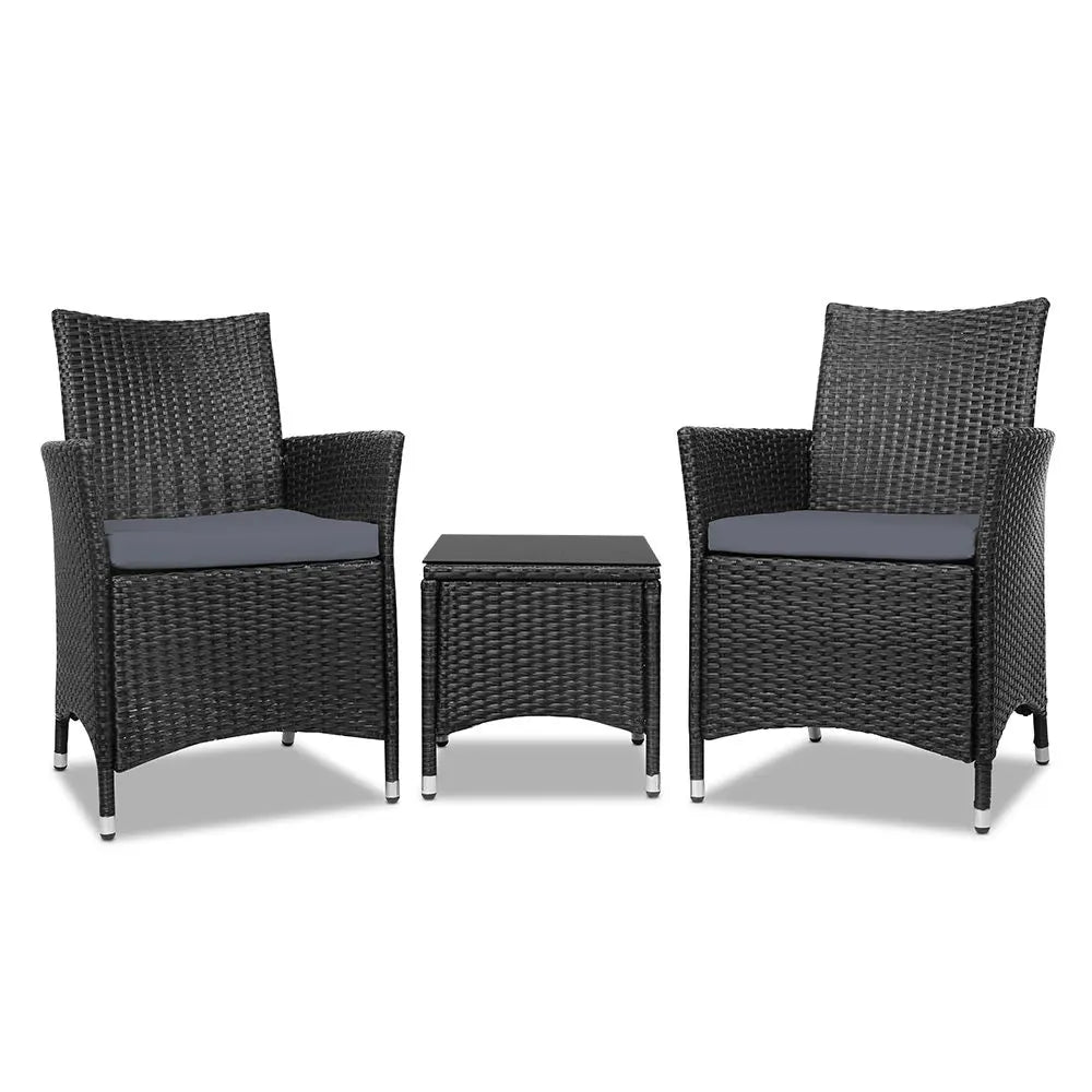 Gardeon 3PC Outdoor Bistro Set Patio Furniture Wicker Chairs Table Cushion All Black - Image 8