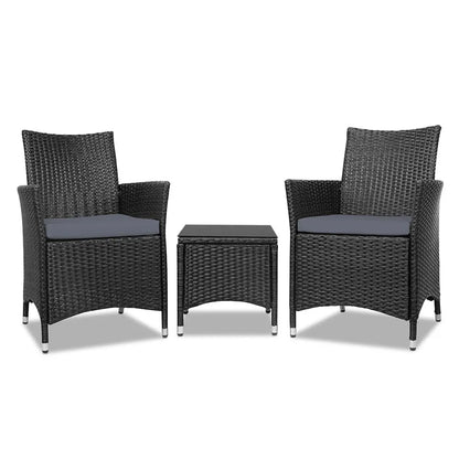 Gardeon 3PC Outdoor Bistro Set Patio Furniture Wicker Chairs Table Cushion All Black - Image 8