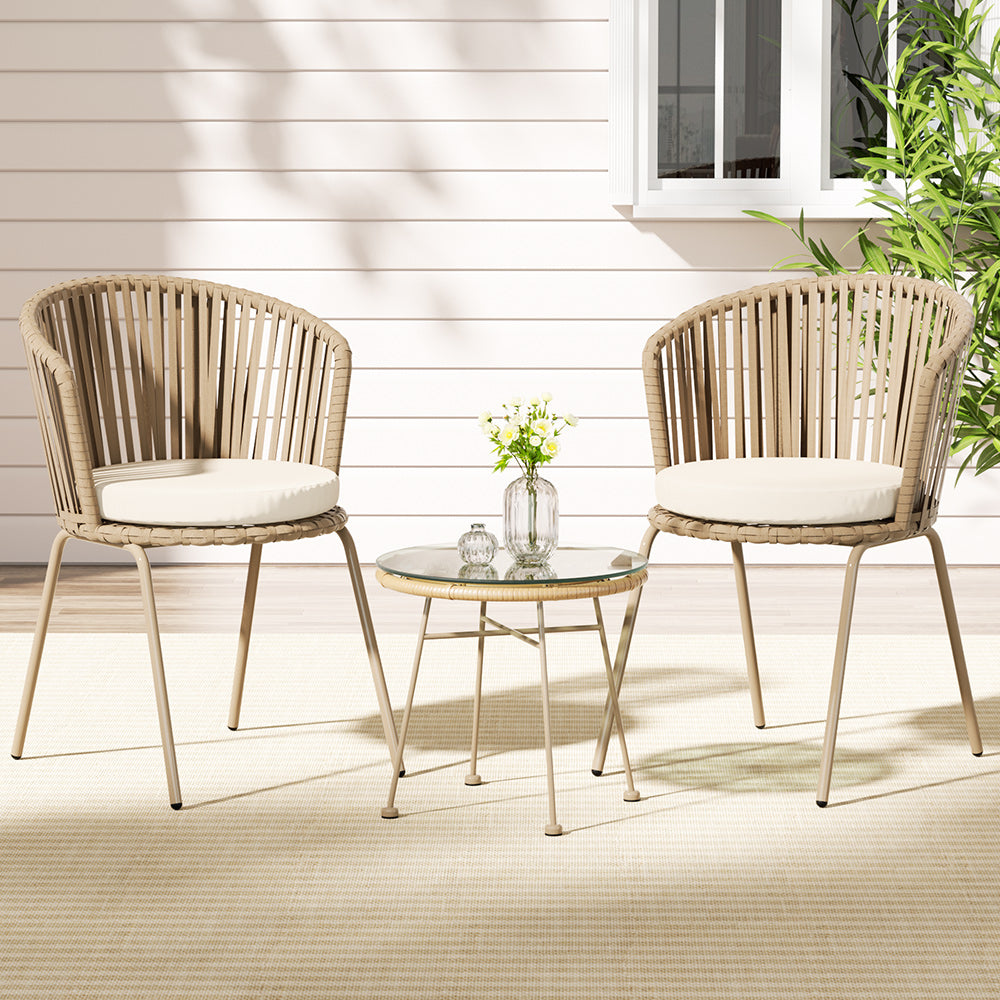 Gardeon 3PC Outdoor Bistro Set Patio Furniture Rope Setting Chairs Table Beige - Image 5