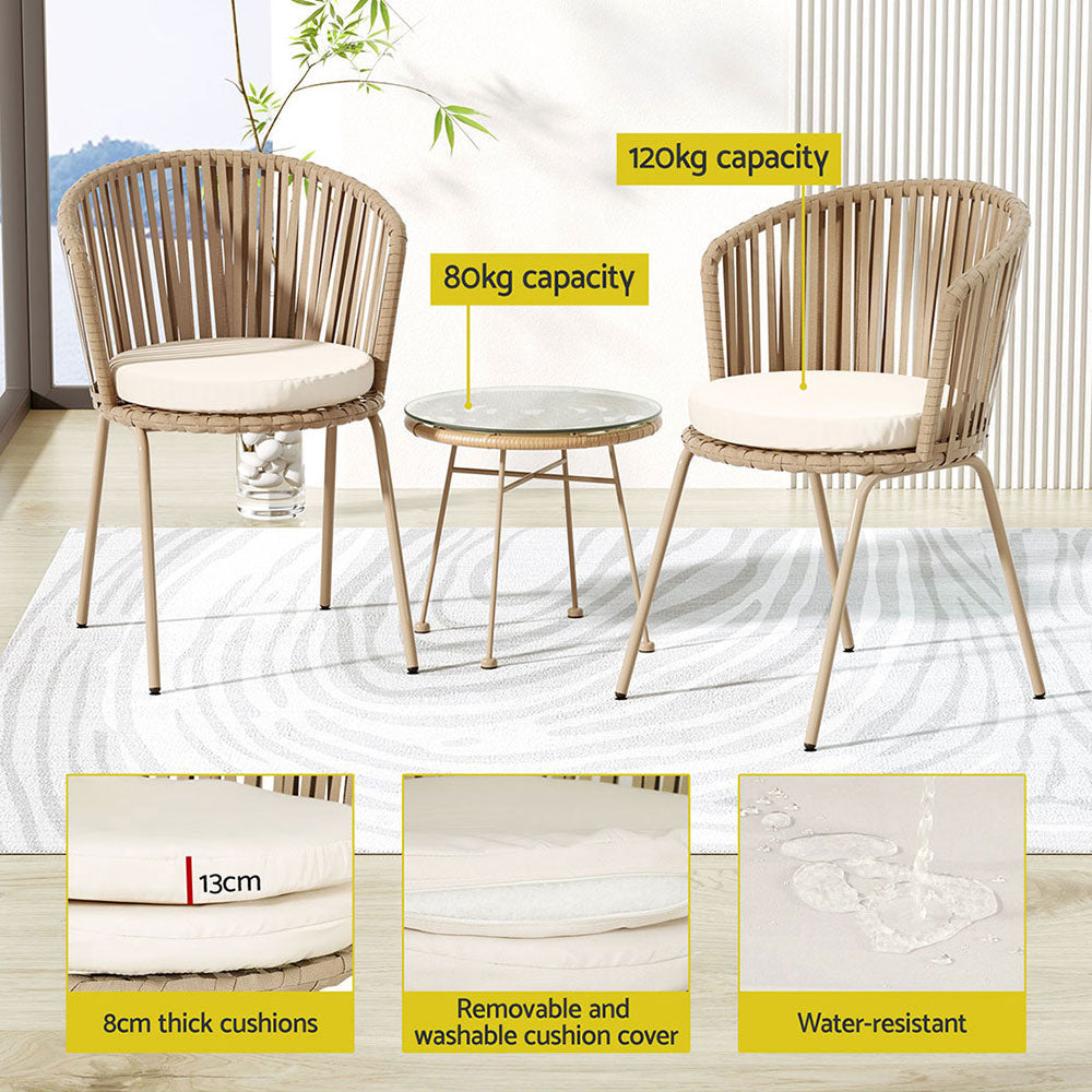 Gardeon 3PC Outdoor Bistro Set Patio Furniture Rope Setting Chairs Table Beige - Image 6