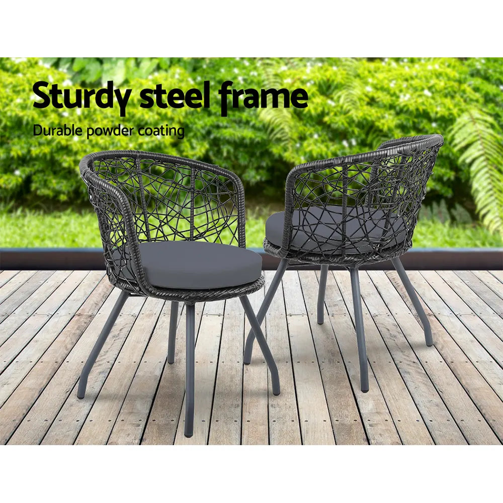 Gardeon 3PC Bistro Set Outdoor Furniture Rattan Table Chairs Patio Garden Cushion Black - Image 3