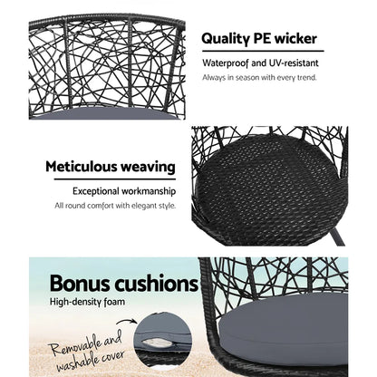Gardeon 3PC Bistro Set Outdoor Furniture Rattan Table Chairs Patio Garden Cushion Black - Image 4