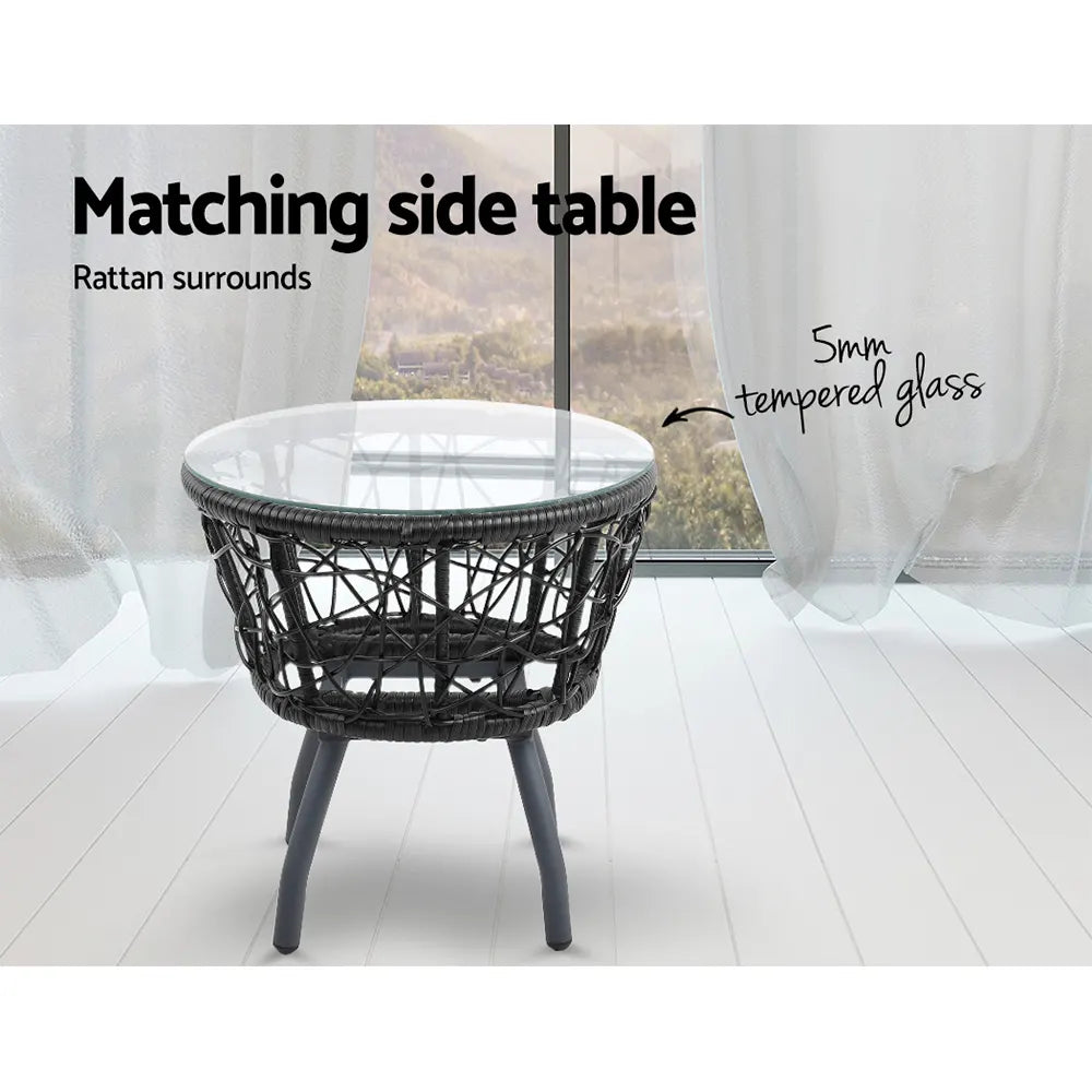 Gardeon 3PC Bistro Set Outdoor Furniture Rattan Table Chairs Patio Garden Cushion Black - Image 5