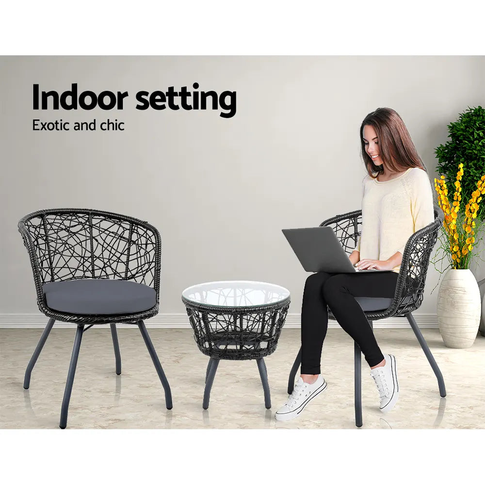 Gardeon 3PC Bistro Set Outdoor Furniture Rattan Table Chairs Patio Garden Cushion Black - Image 6