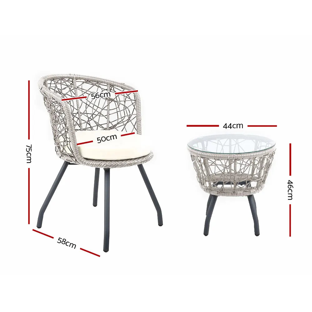 Gardeon 3PC Bistro Set Outdoor Furniture Rattan Table Chairs Patio Garden Cushion Grey - Image 2