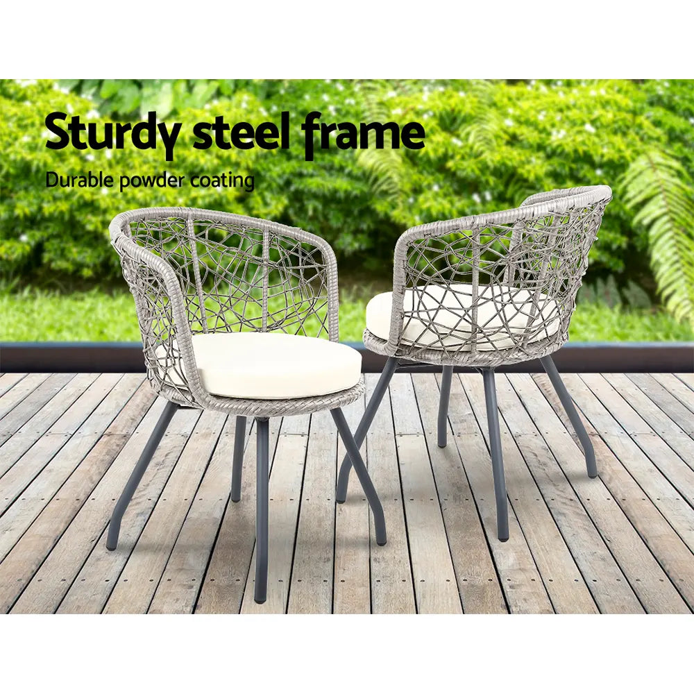 Gardeon 3PC Bistro Set Outdoor Furniture Rattan Table Chairs Patio Garden Cushion Grey - Image 3