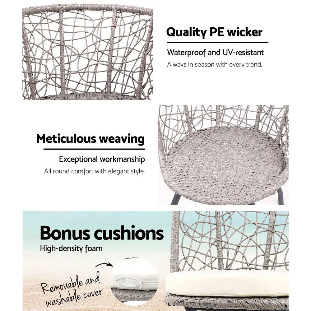 Gardeon 3PC Bistro Set Outdoor Furniture Rattan Table Chairs Patio Garden Cushion Grey - Image 4