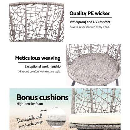 Gardeon 3PC Bistro Set Outdoor Furniture Rattan Table Chairs Patio Garden Cushion Grey - Image 4