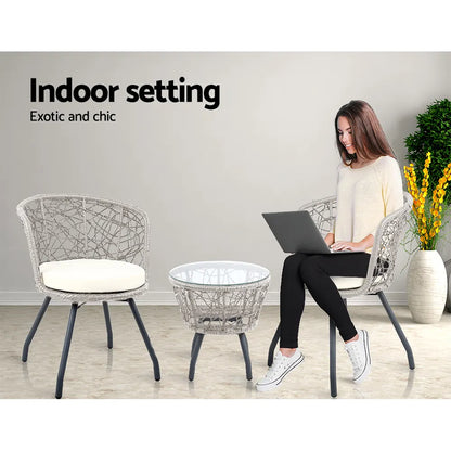 Gardeon 3PC Bistro Set Outdoor Furniture Rattan Table Chairs Patio Garden Cushion Grey - Image 6