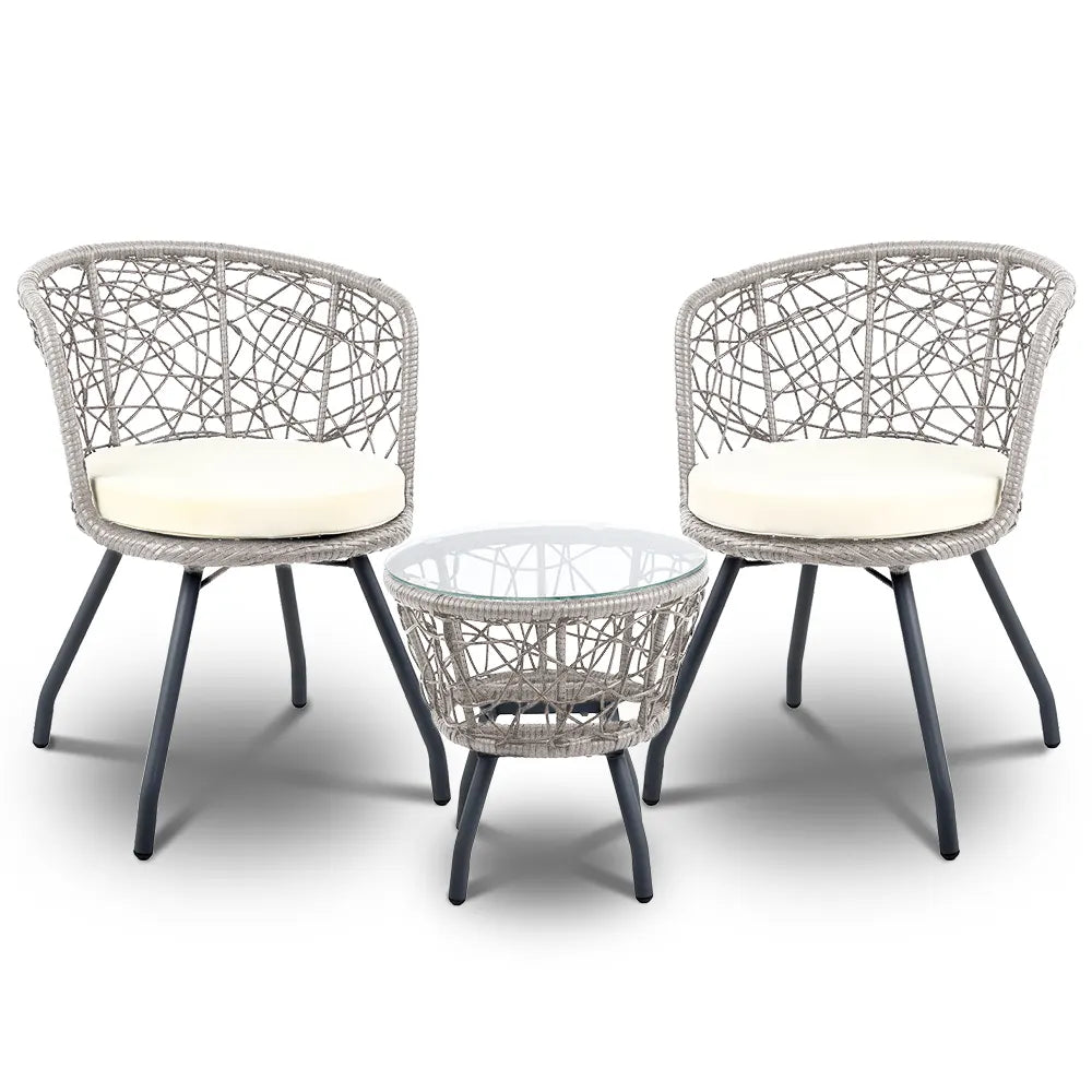 Gardeon 3PC Bistro Set Outdoor Furniture Rattan Table Chairs Patio Garden Cushion Grey - Image 7