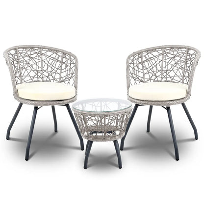 Gardeon 3PC Bistro Set Outdoor Furniture Rattan Table Chairs Patio Garden Cushion Grey - Image 7