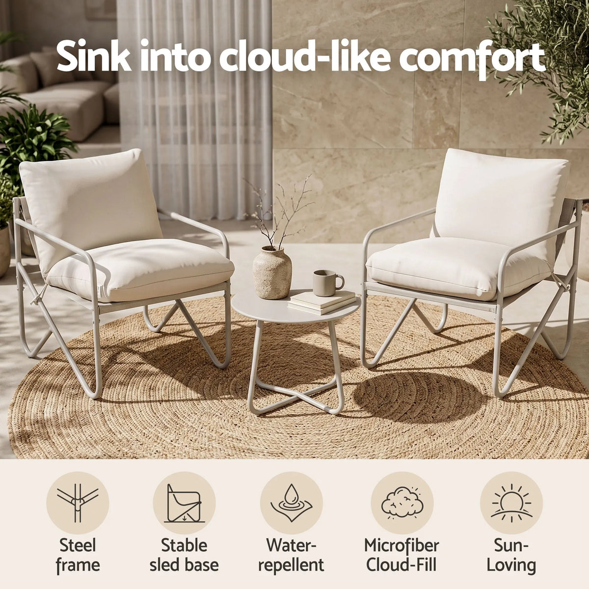 Gardeon Outdoor Bistro Set 3 Piece Patio Furniture Conversation Table and Chairs Khaki - Image 4