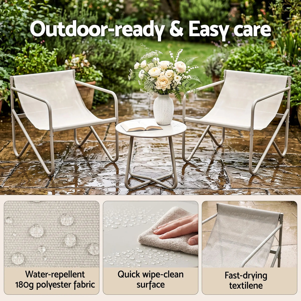 Gardeon Outdoor Bistro Set 3 Piece Patio Furniture Conversation Table and Chairs Khaki - Image 6