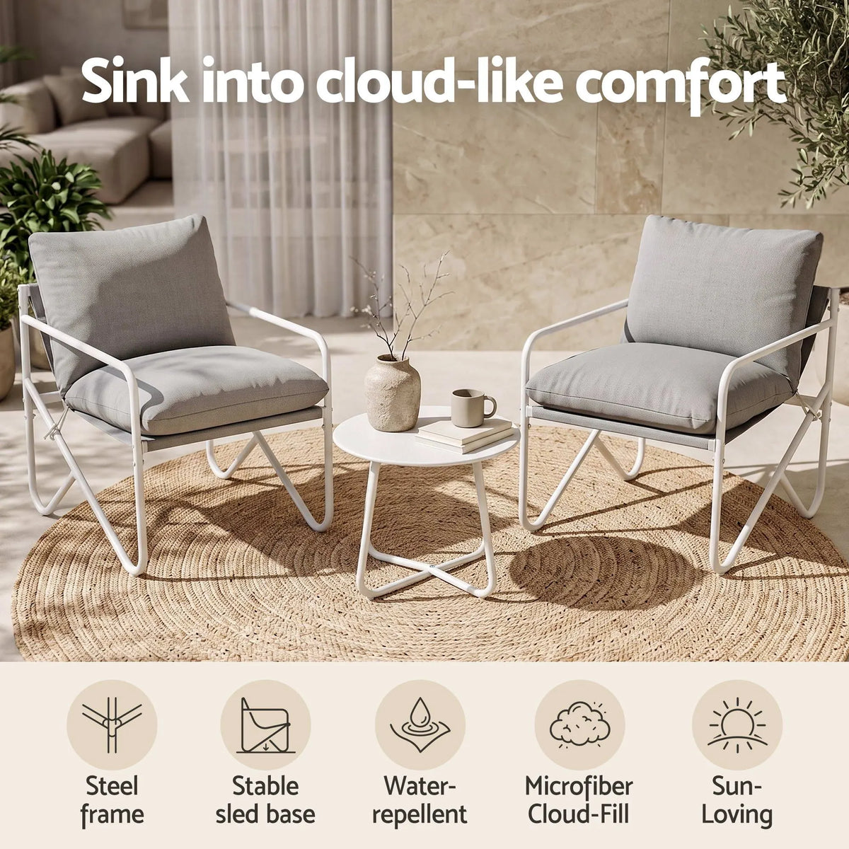 Gardeon Outdoor Bistro Set 3 Piece Patio Furniture Conversation Table and Chairs Grey - Image 5
