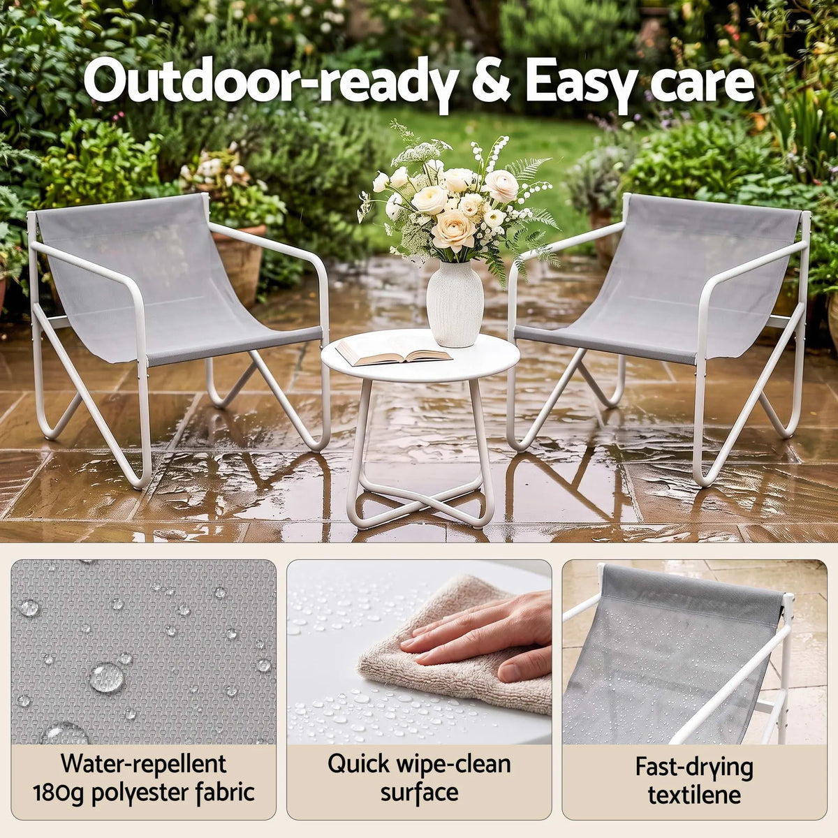 Gardeon Outdoor Bistro Set 3 Piece Patio Furniture Conversation Table and Chairs Grey - Image 7