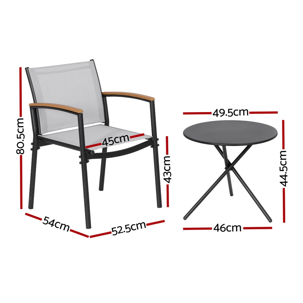 Gardeon 3PC Outdoor Bistro Set Table and Chairs Steel Dining Chair Patio Furniture Textilene  - Image 3