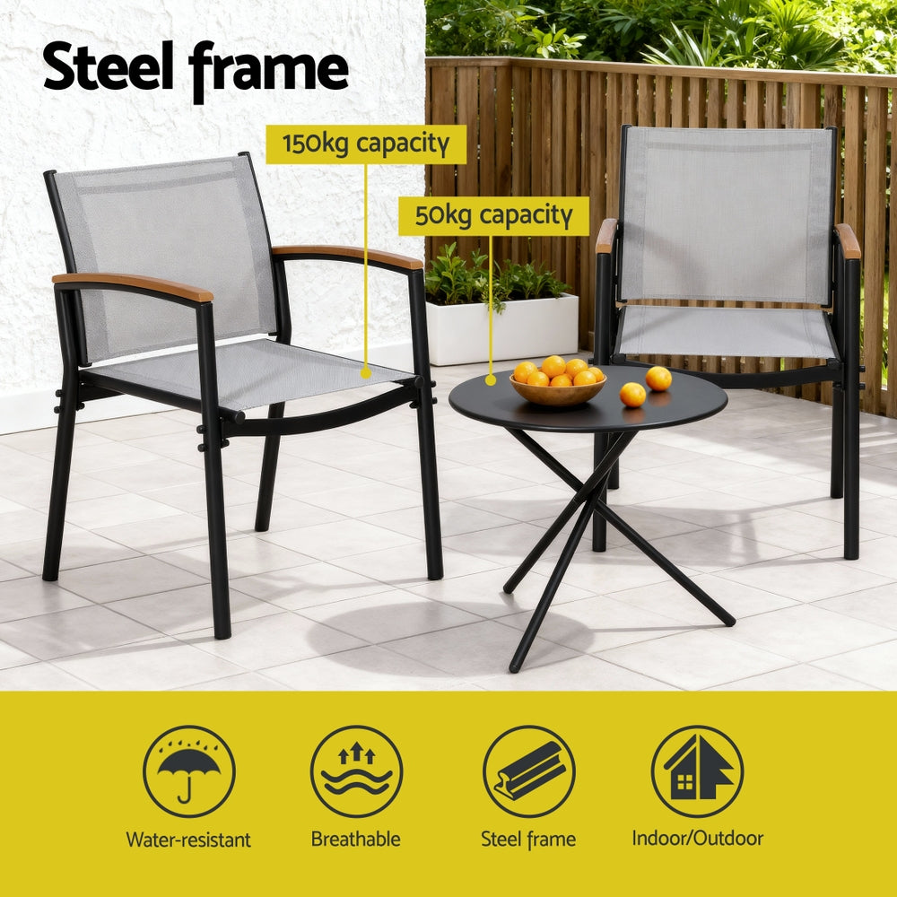 Gardeon 3PC Outdoor Bistro Set Table and Chairs Steel Dining Chair Patio Furniture Textilene  - Image 5