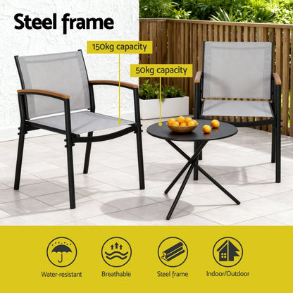Gardeon 3PC Outdoor Bistro Set Table and Chairs Steel Dining Chair Patio Furniture Textilene  - Image 5