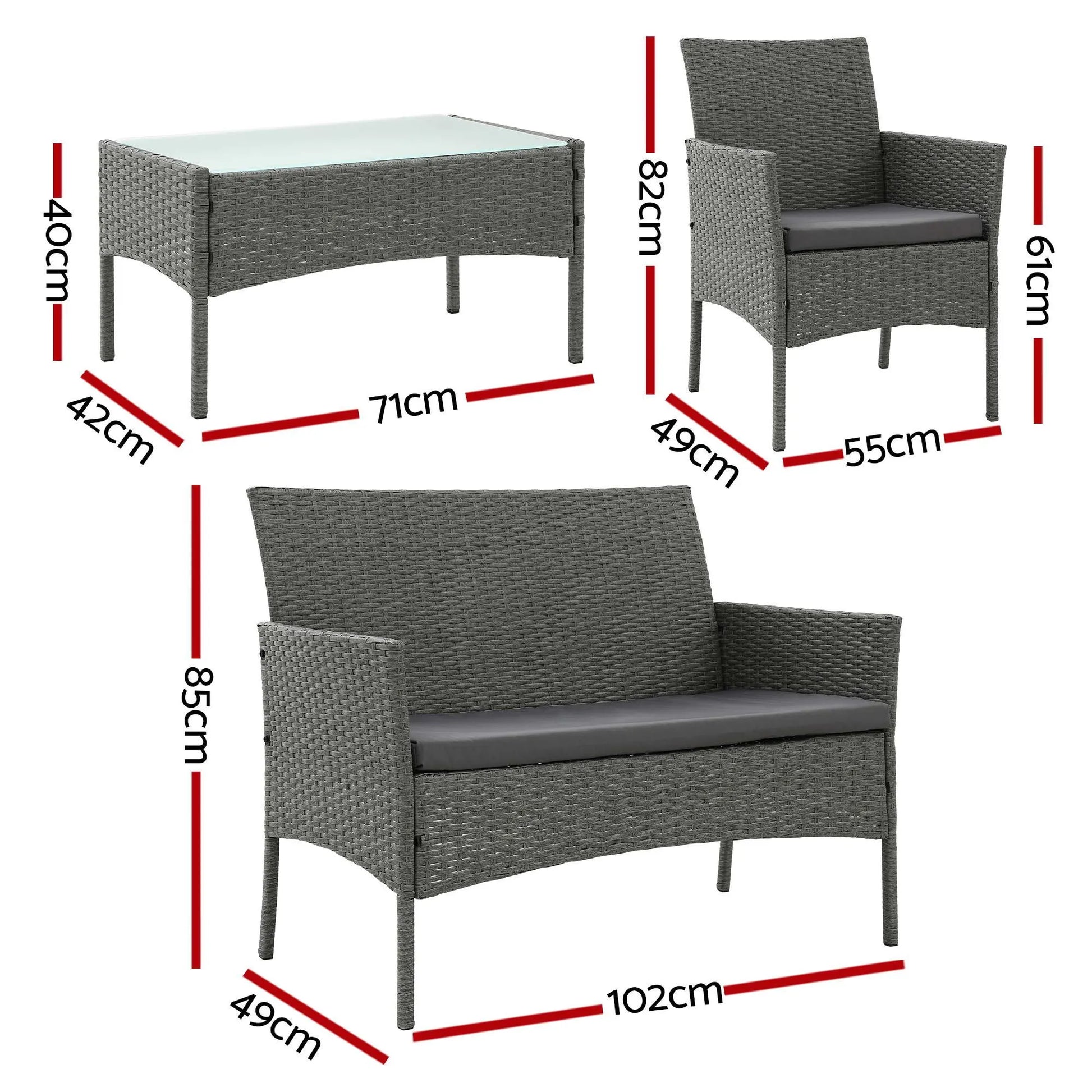 Gardeon 4-Piece Outdoor Sofa Set Rattan Furniture with Two Pillows Grey - Image 2