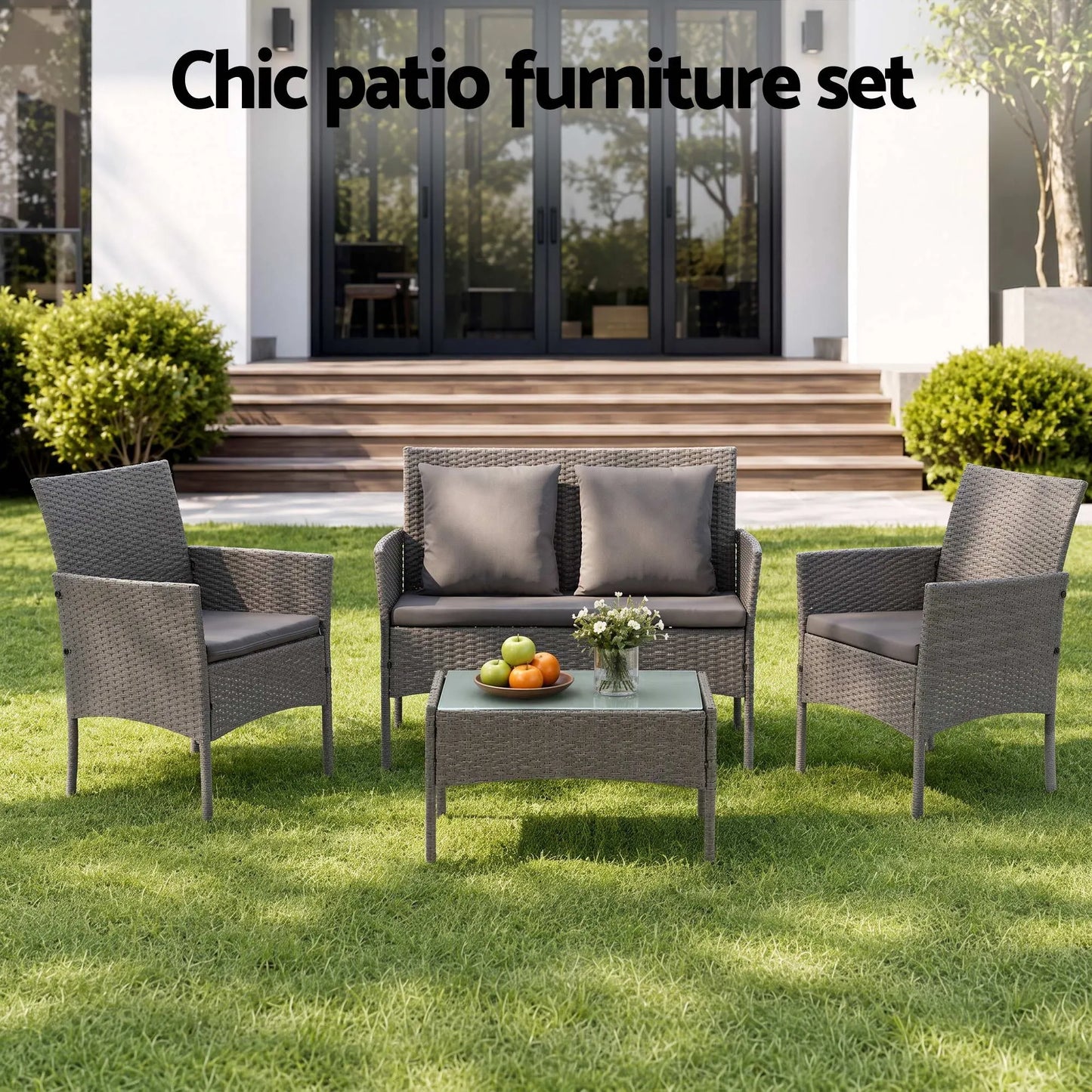 Gardeon 4-Piece Outdoor Sofa Set Rattan Furniture with Two Pillows Grey - Image 4