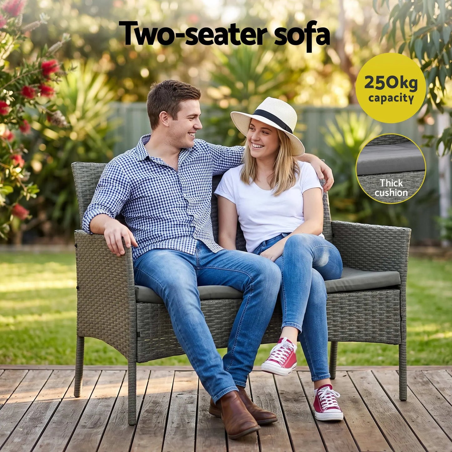 Gardeon 4-Piece Outdoor Sofa Set Rattan Furniture with Two Pillows Grey - Image 5