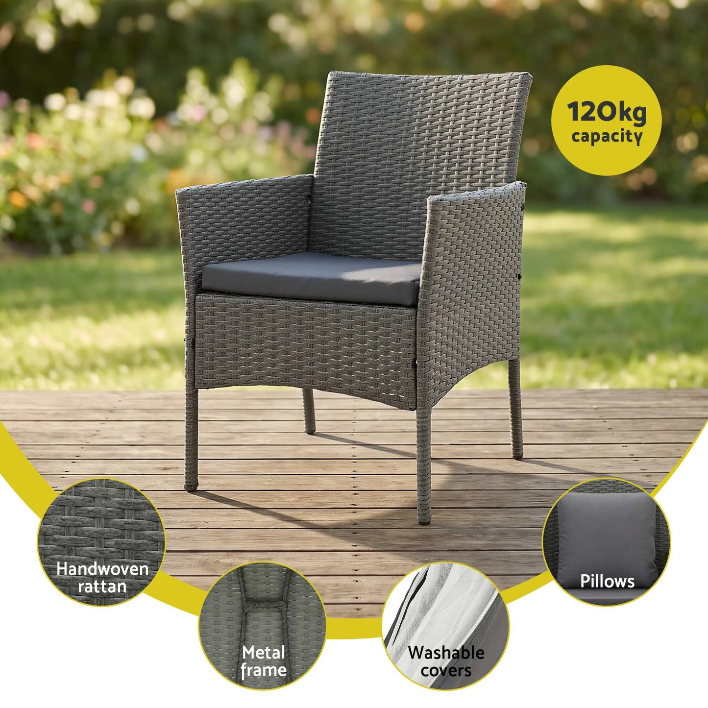 Gardeon 4-Piece Outdoor Sofa Set Rattan Furniture with Two Pillows Grey - Image 6