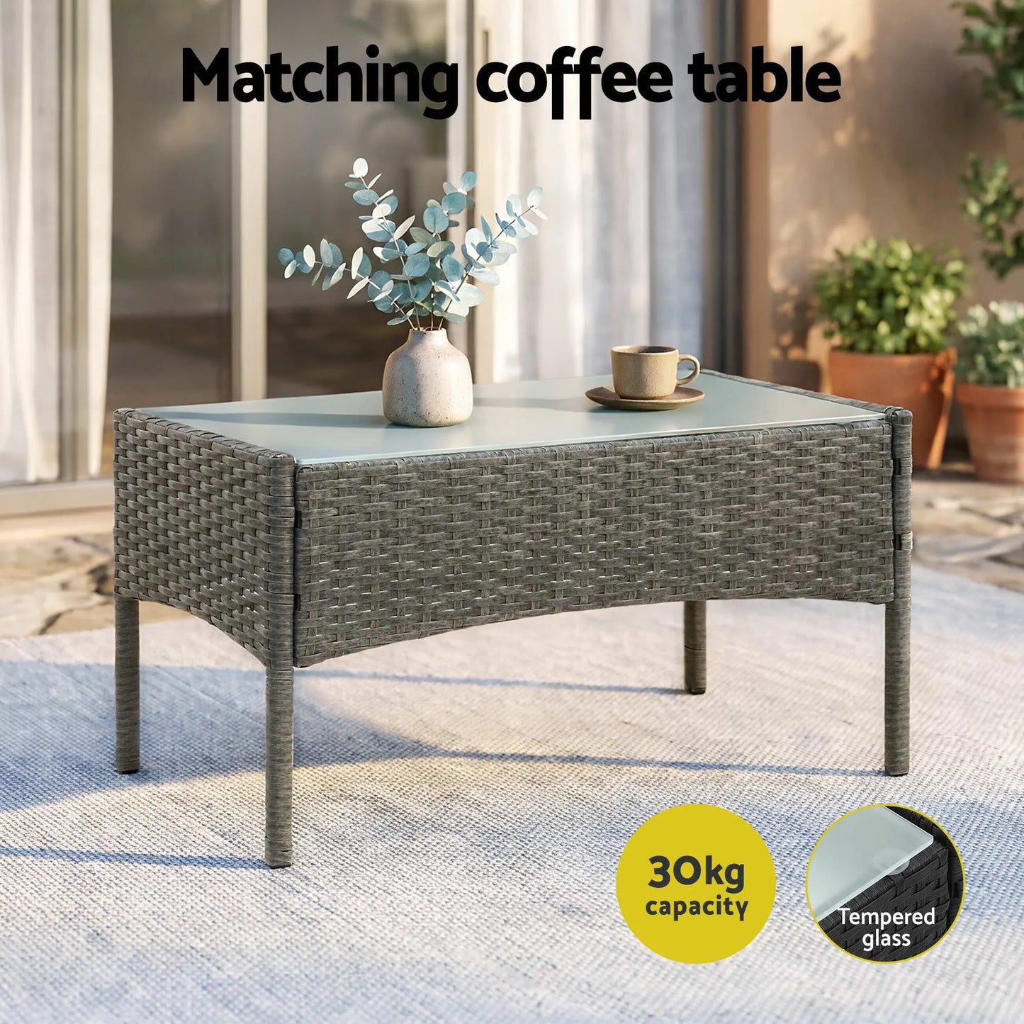 Gardeon 4-Piece Outdoor Sofa Set Rattan Furniture with Two Pillows Grey - Image 7