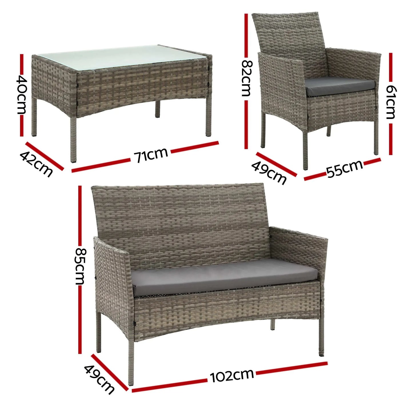 Gardeon 4-Piece Outdoor Sofa Set with Two Pillows Rattan Furniture Grey - Image 2