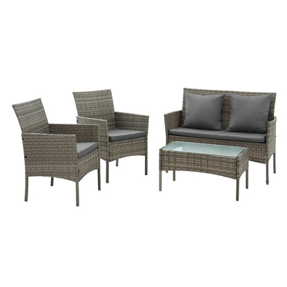 Gardeon 4-Piece Outdoor Sofa Set with Two Pillows Rattan Furniture Grey - Image 3