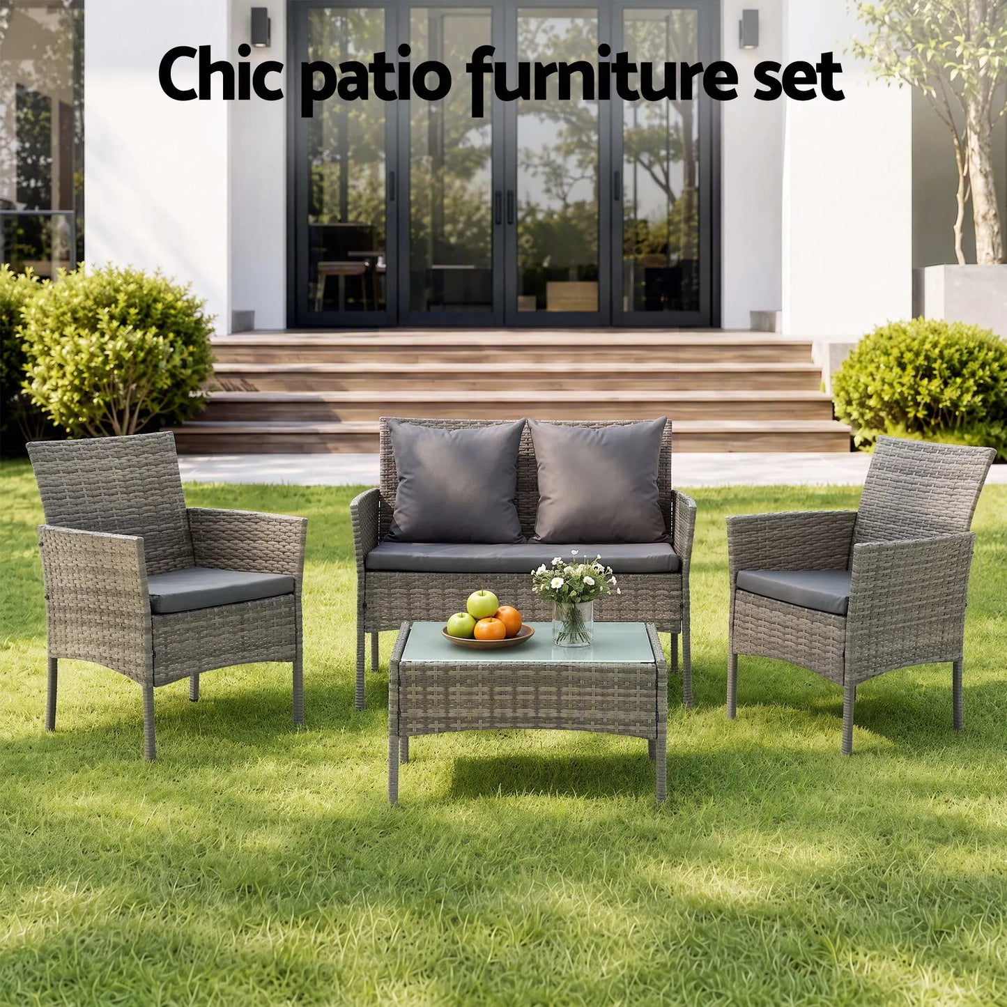 Gardeon 4-Piece Outdoor Sofa Set with Two Pillows Rattan Furniture Grey - Image 4