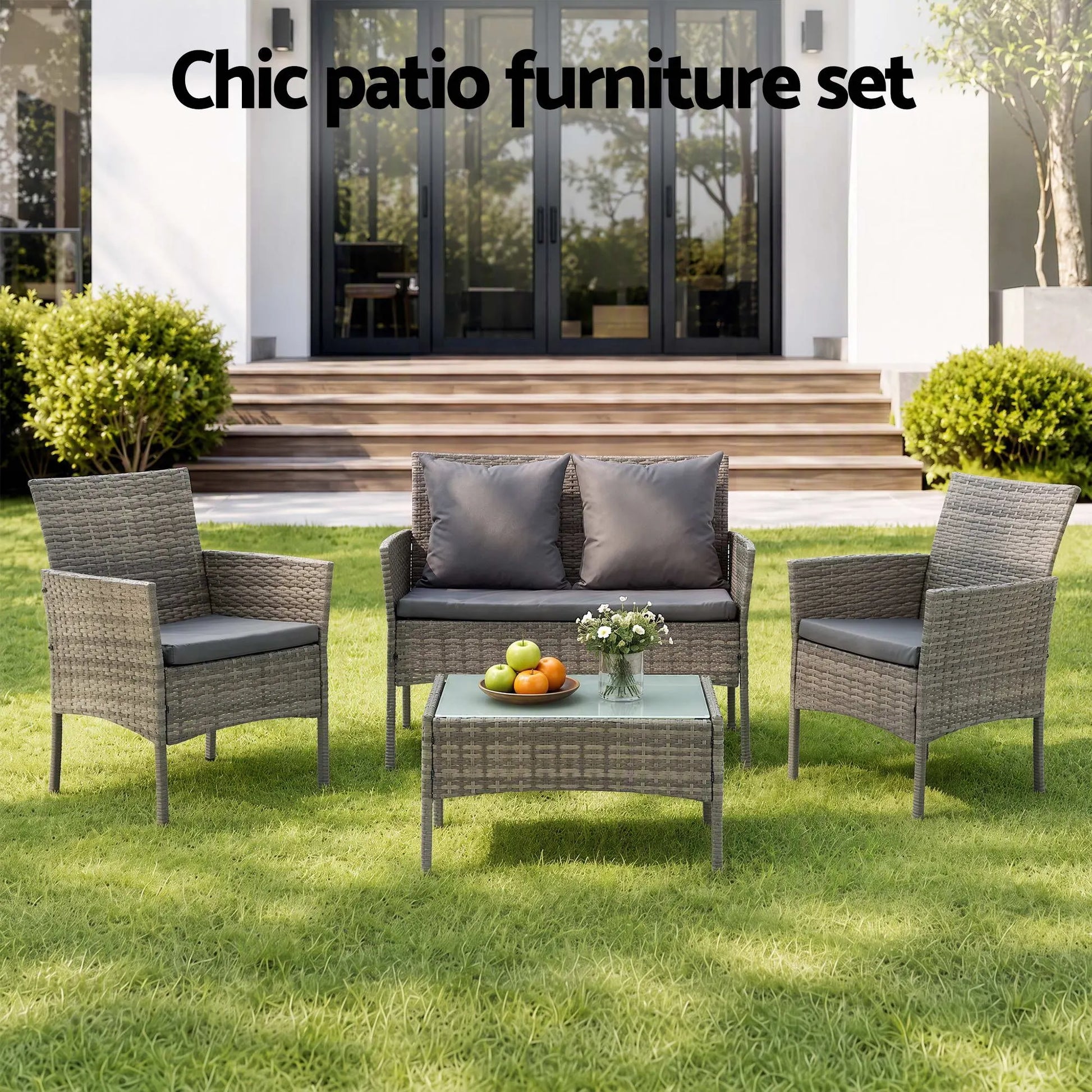 Gardeon 4-Piece Outdoor Sofa Set with Two Pillows Rattan Furniture Grey - Image 4