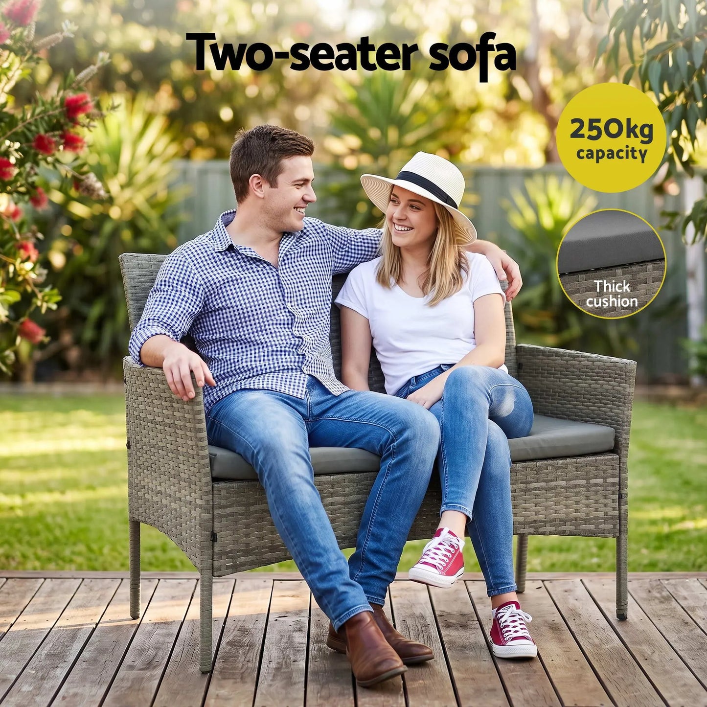 Gardeon 4-Piece Outdoor Sofa Set with Two Pillows Rattan Furniture Grey - Image 5