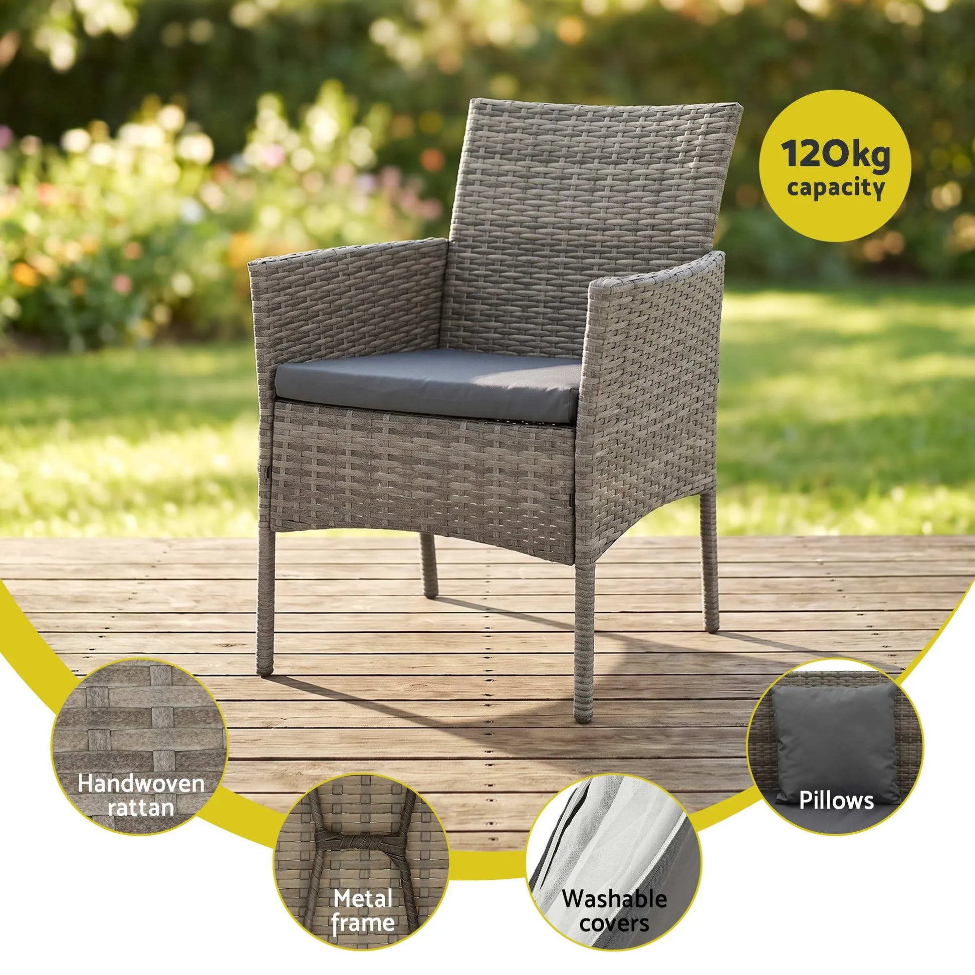 Gardeon 4-Piece Outdoor Sofa Set with Two Pillows Rattan Furniture Grey - Image 6