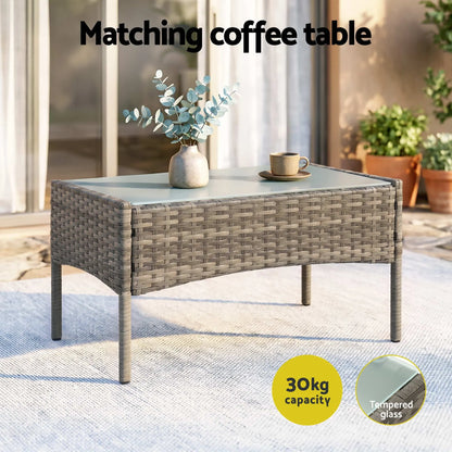 Gardeon 4-Piece Outdoor Sofa Set with Two Pillows Rattan Furniture Grey - Image 7