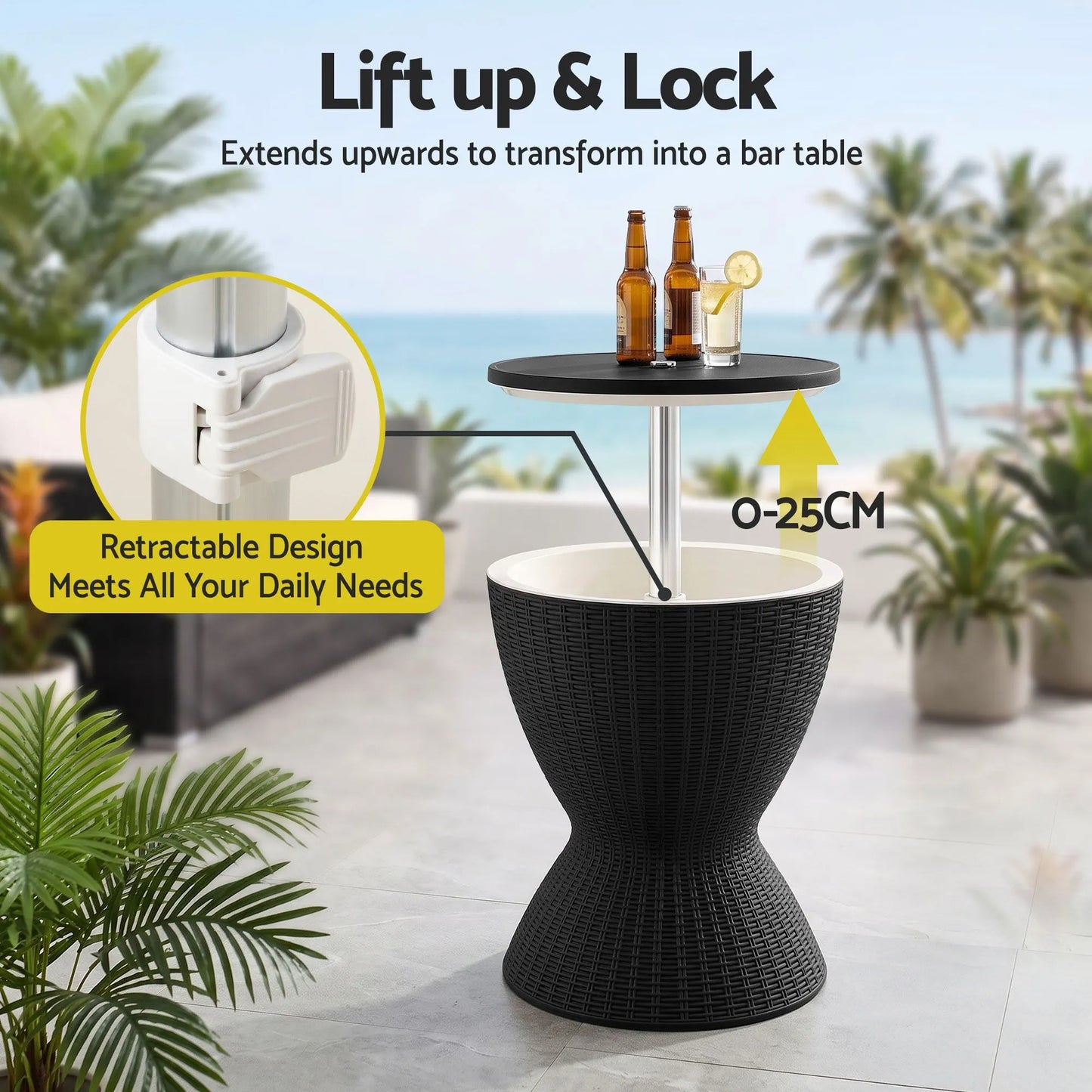 Gardeon Outdoor Bar Table Portable Ice Bucket Cooler 30L Adjustable Top Black - Image 6