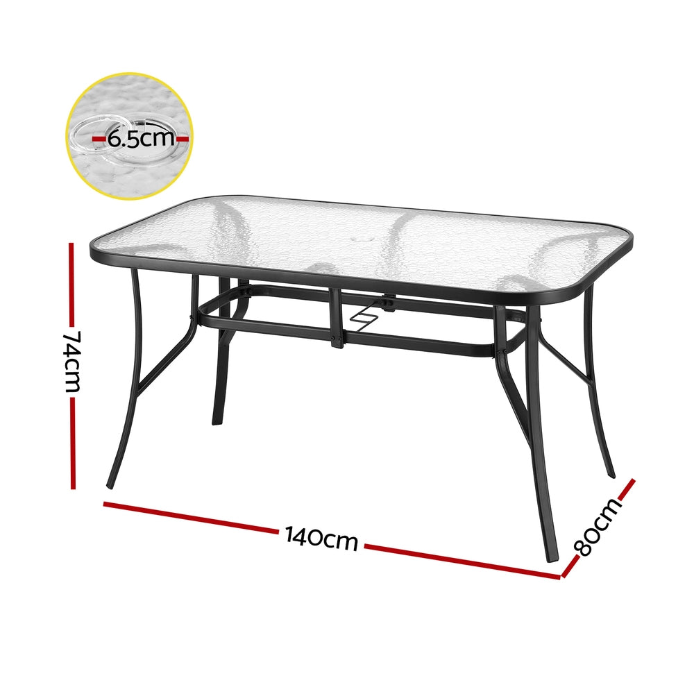 Gardeon 140CM Outdoor Dining Table Steel Frame Tempered Glass Parasol Hole Black - Image 2