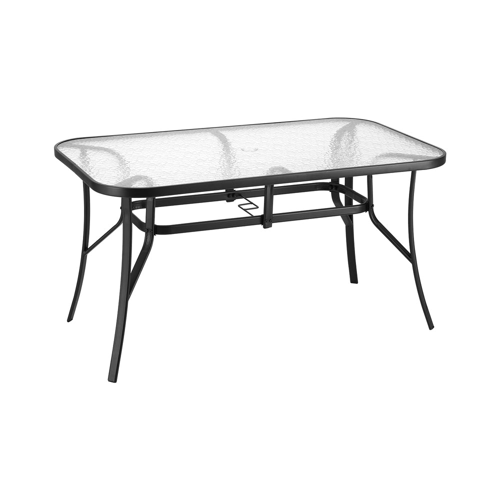 Gardeon 140CM Outdoor Dining Table Steel Frame Tempered Glass Parasol Hole Black - Image 3