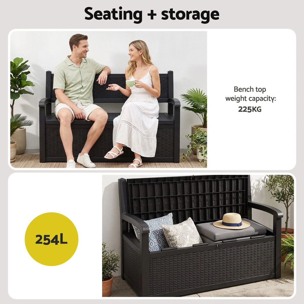 Gardeon Outdoor Storage Box Bench 254L Resin Armset Backrest Lockable Black - Image 5